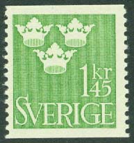 Sverige – F  301 Tre kronor, 1,45 kr gulgrön **