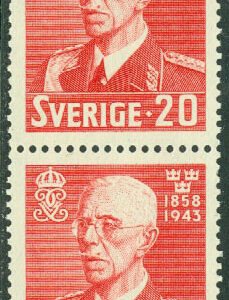 Sverige – F  344BB Gustav V 85 år 20 öre 3-sid par**
