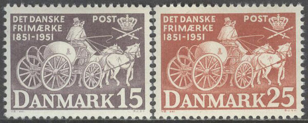 Danmark - F  354-355 Frimärksjubileet, Kugelpostvagn från 1800-talet, 2 kpl **