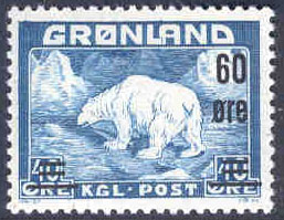 Grönland – F   37 Isbjörn, påtryck 60 öre på 40 öre blå **