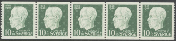 Sverige - F  382 A x 5 Gustaf V 90 år, 10+10 öre grön, 5-strip kpl **