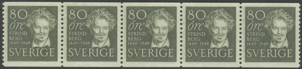 Sverige - F  387 x 5 August Strindberg, 80 öre olivgrön, 5-strip kpl **
