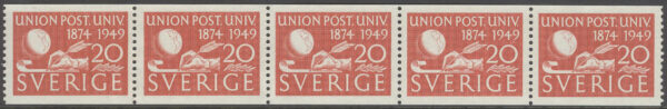 Sverige - F  391 A x 5 Världspostföreningen UPU 75 år, 20 öre röd, 5-strip kpl **