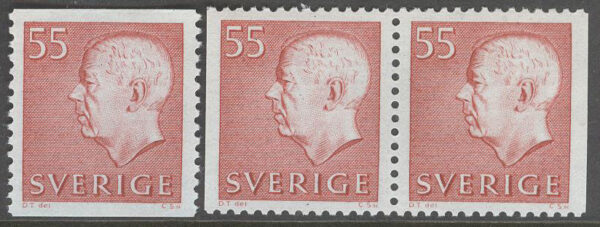 Sverige - F  433 A + BB Gustaf VI Adolf, typ III, 55 öre röd, 3 kpl **