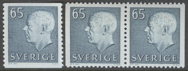 Sverige - F  435 A + BB Gustaf VI Adolf, typ III, 65 öre blågrön, 3 kpl **