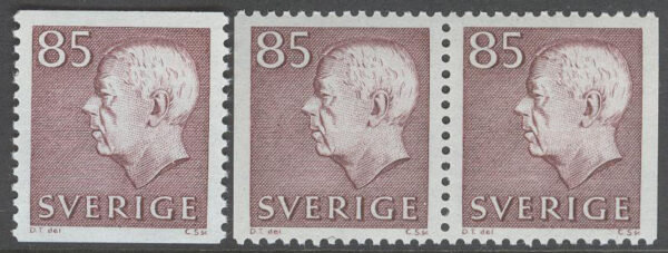 Sverige - F  437 A + BB Gustaf VI Adolf, typ III, 85 öre brunlila, 3 kpl **