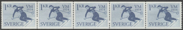 Sverige - F  455 x 5 VM på skidor 1954, 1 kr blå, 5-strip kpl **