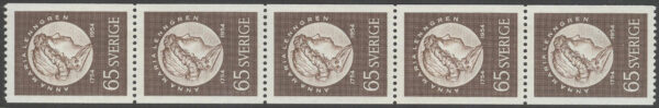 Sverige - F  457 x 5 Anna Maria Lenngren, 65 öre brun, 5-strip kpl **