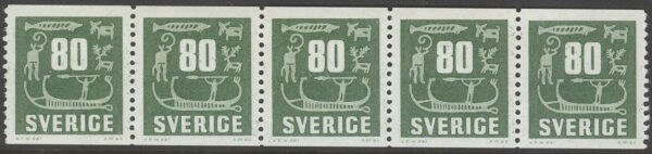 Sverige - F  464 x 5 Hällristningar, 80 öre grön, 5-strip kpl **