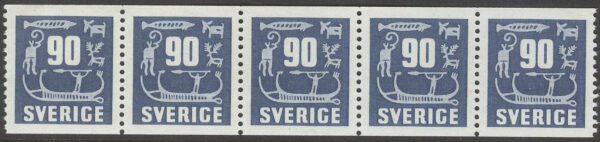 Sverige - F  465 x 5 Hällristningar, 90 öre blå, 5-strip kpl **