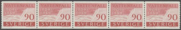 Sverige - F  501 x 5 Vattenfall 50 år, 90 öre röd, 5-strip kpl **