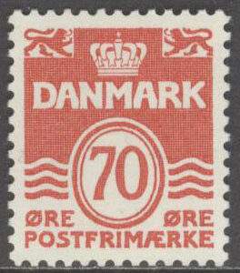 Danmark – F  550a Våglinjetyp utan hjärtan 70 öre röd **