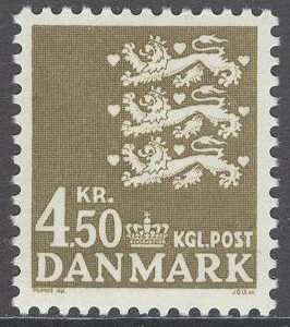 Danmark – F  553 Lilla Riksvapnet 4,50 kr olivbrun **