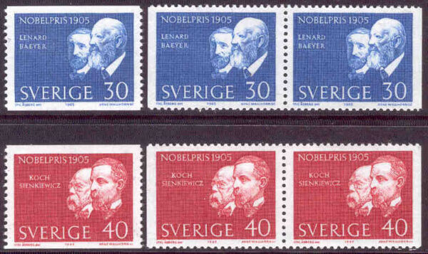 Sverige - F  570-571 Nobelpristagare 1905, 6 kpl **