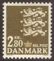Danmark – F  613 Lilla Riksvapnet 2.80 kr olivbrun  **