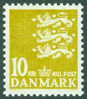 Danmark – F  651 Lilla Riksvapnet 10.00 kr olivbrun  **
