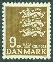 Danmark – F  677 Lilla Riksvapnet 9 kr olivbrun **