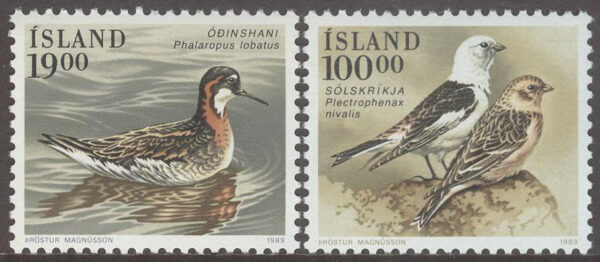 Island - F  734-735 Fåglar IV Smalnäbbad simsnäppa och Snösparvar, 2 kpl **