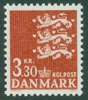 Danmark – F  751 Lilla riksvapnet 3,30 kr rödbrun  **