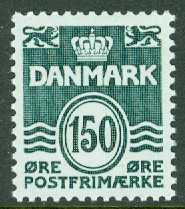 Danmark – F  778 Våglinjetyp utan hjärtan 150 öre grön **