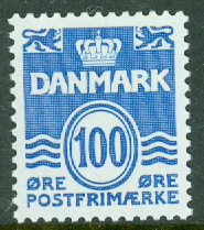 Danmark – F  800 Våglinjetyp utan hjärtan 100 öre ljusblå **