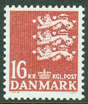 Danmark – F  806 Lilla riksvapnet 16,00 kr rödbrun **