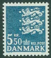 Danmark – F  823 Lilla riksvapnet 5.50 kr blågrön **