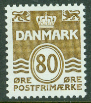 Danmark – F  847 Våglinjetyp utan hjärtan 80 öre gulbrun **