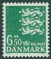 Danmark – F  879 Lilla riksvapnet 6.50 kr grön **