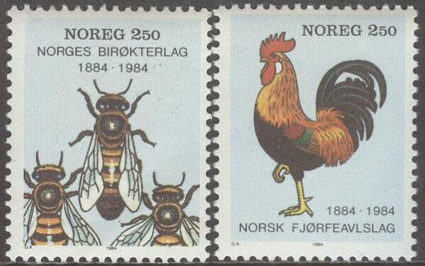 Norge - F  943-944 Norges biodlarsällskap och Norska fjäderfäavelssällskapet 100 år, 2 kpl **