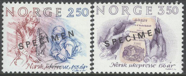 Norge - F  946-947 Norsk Veckopress 150 år - Specimen påtryck, serie 2 kpl **