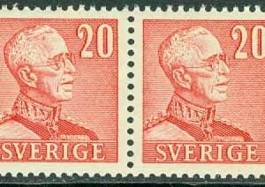Sverige – F  276BB Gustaf V profil höger, typ II. Par 20 öre karminröd **