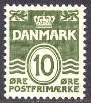 Danmark – F  346b Våglinjetyp utan hjärtan 10 öre grön **