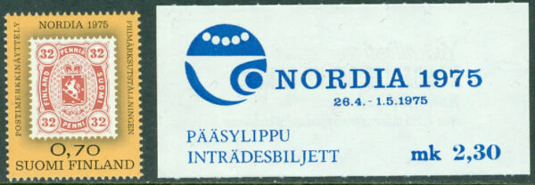 Finland - F  766 Frimärksutställningen Nordia 1975, 1 kpl ** + inträdesbiljett