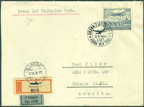 Tjeckoslovakien - Första flygningen Prag - New York 17.6 1946