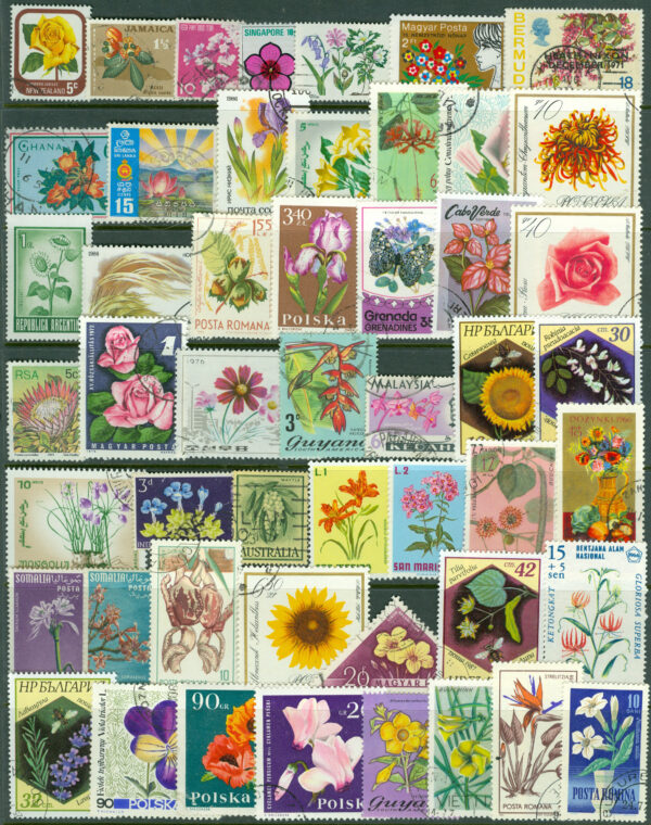 50 olika frimärken med blommor från hela världen