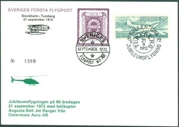 Sverige - 1972-09-21 Sveriges första flygpost 60 år. Sollentuna Jubileumsflygning -Tureberg