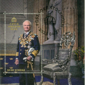 F 3490 (BL 56) Carl XVI Gustaf 50 år som statschef, block stpl STOCKHOLM 2024-03-27