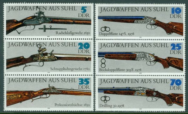 DDR - M 2376-2381 Jaktvapen från Suhl.  Grünewald, 2 x 3-strip kpl **
