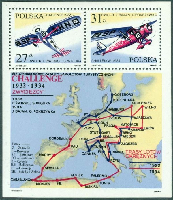 Polen - M 2806-2807 (BL 87) Polskt deltagande i Europaturnén för turistflygplan CHALLENGE, block kpl **