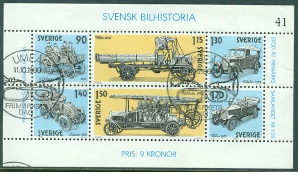 F 1135-1140 (BL 6) Svensk bilhistoria. Stpl UMEÅ FRIMÄRKETS DAG 11.10 1980  (AC/Vb)