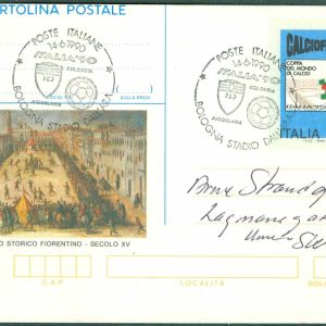 Italien – Postkort VM i fotboll 1990 med minnespoststämpel ITALIA 90