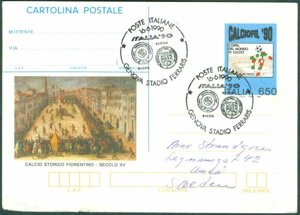 Italien - Postkort VM i fotboll 1990 med minnespoststämpel ITALIA 90