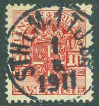 F Tj 32. Tjänste VM krona 10 öre. STHLM 1 TJ.BR 1.8 1911  (A/U)