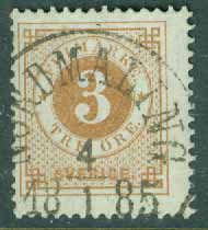 F   28 Ringtyp 3 öre t. 13 stpl NORDMALING 4.1 1885  (AC/Å)