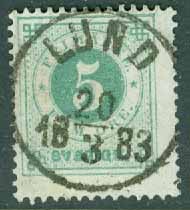 F   30 Ringtyp 5 öre t. 13 Praktstpl LUND 20.3 1883 (M/Sk)