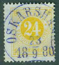 F   34 Ringtyp 24 öre t. 13 stpl OSKARSHAMN 23.9 1880 (H/Sm)