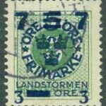 F  129 Landstorm III, 7 + 3 på 5 + FEM på 5 öre grön stpl