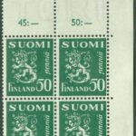 Finland – F  180 m/30 Lejontyp, 50 penni grön hörnfyrblock **