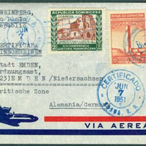 DOMINIKANSKA REPUBLIKEN – Vackert flygpostbrev till  Brittiska zonen i Tyskland 7.6 1951